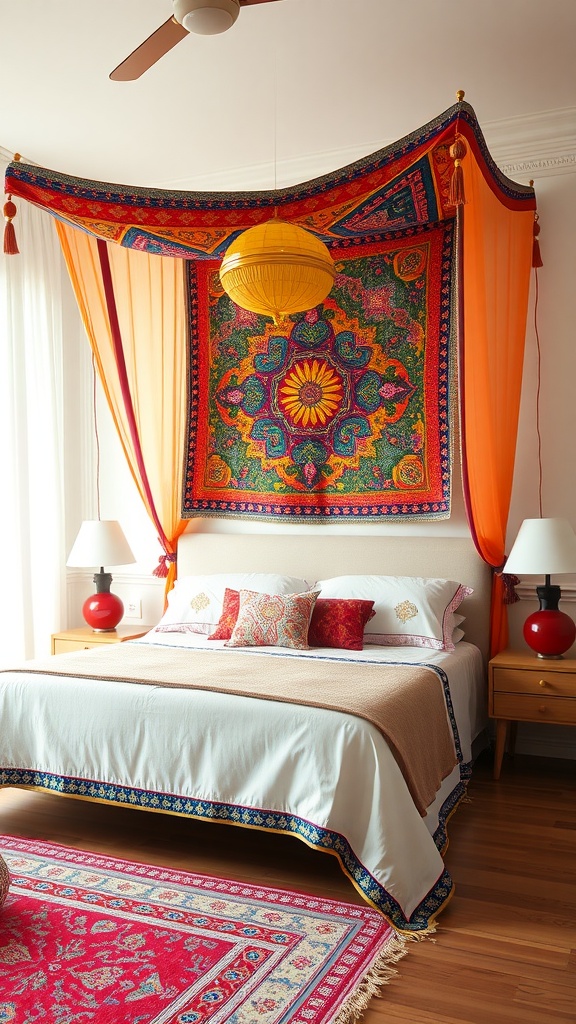 Colorful tapestry canopy over a bed with vibrant patterns and soft lighting.