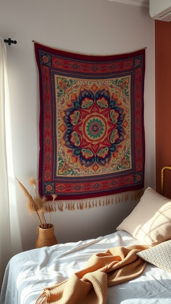 A colorful tapestry with intricate patterns hanging above a bed, complemented by neutral bedding and a cozy atmosphere.