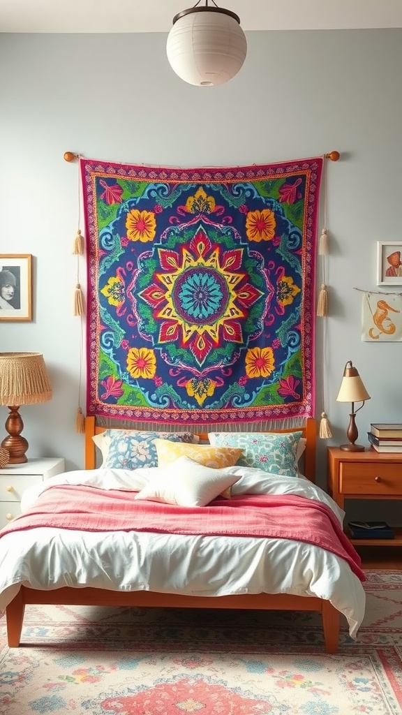A colorful tapestry hangs above a bed, adding vibrant design to the room.