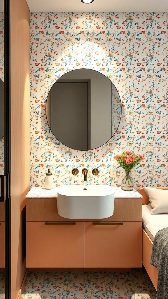 Colorful terrazzo tile bathroom with wooden cabinetry and round mirror