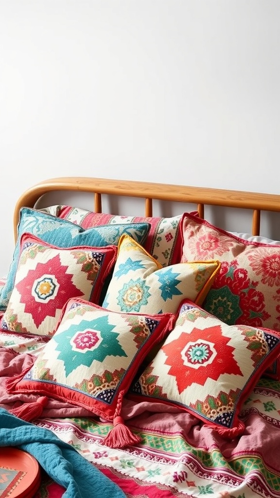 A vibrant arrangement of colorful throw pillows on a bed in a boho green bedroom.