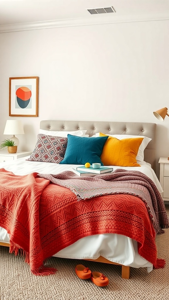 A cozy bedroom featuring colorful throw pillows and blankets on a neatly made bed.