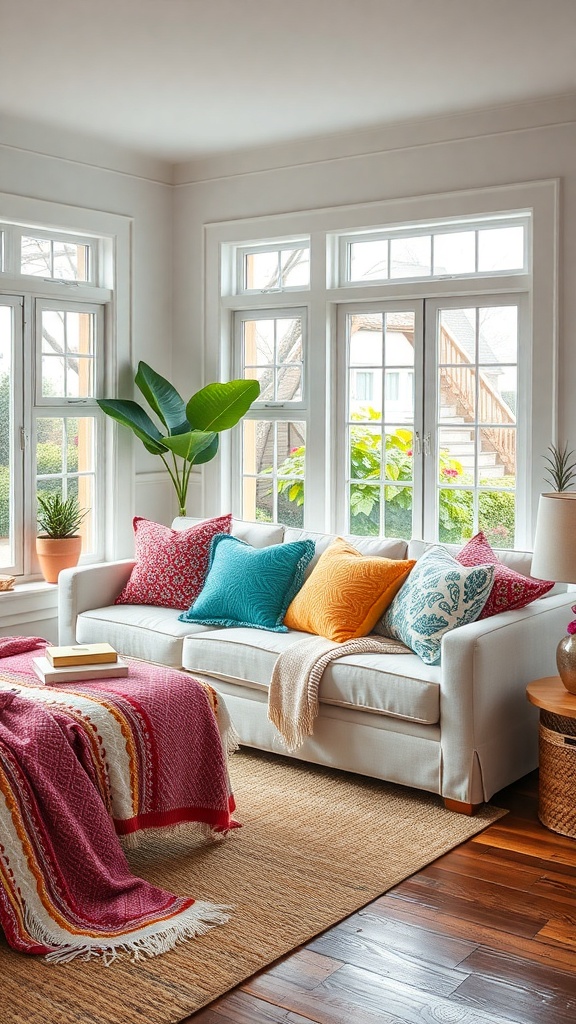 A sunroom with a white sofa decorated with colorful throw pillows and a patterned blanket, surrounded by large windows and plants.
