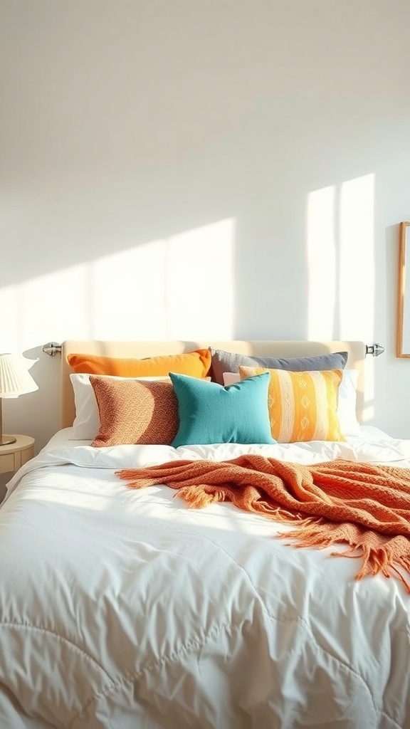A cozy bed with colorful throw pillows and a soft blanket, creating a warm and inviting atmosphere.