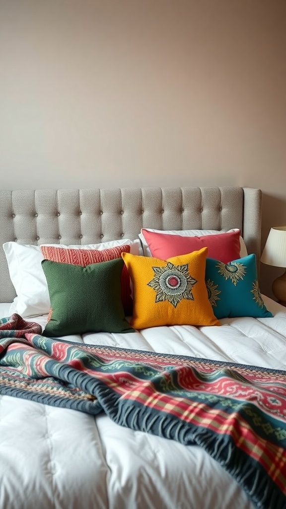 A cozy bedroom featuring colorful throw pillows and a patterned blanket on a bed.