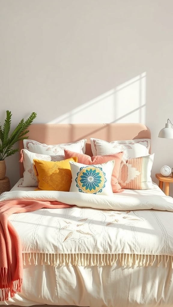 A cozy bohemian bedroom with colorful throw pillows and cushions on a bed.