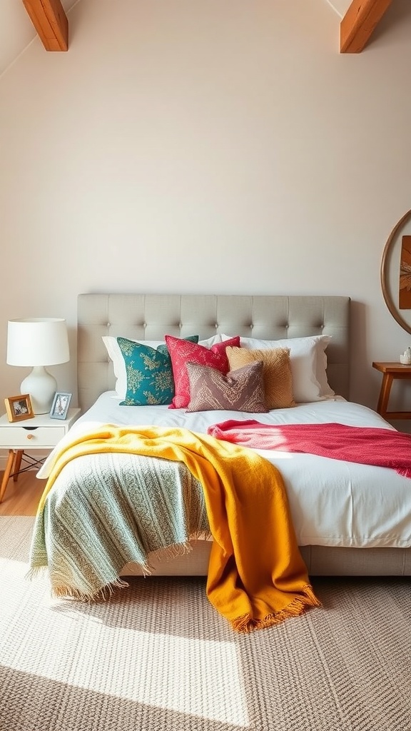 A cozy bedroom with a light bedspread, colorful throws, and various pillows arranged on the bed.