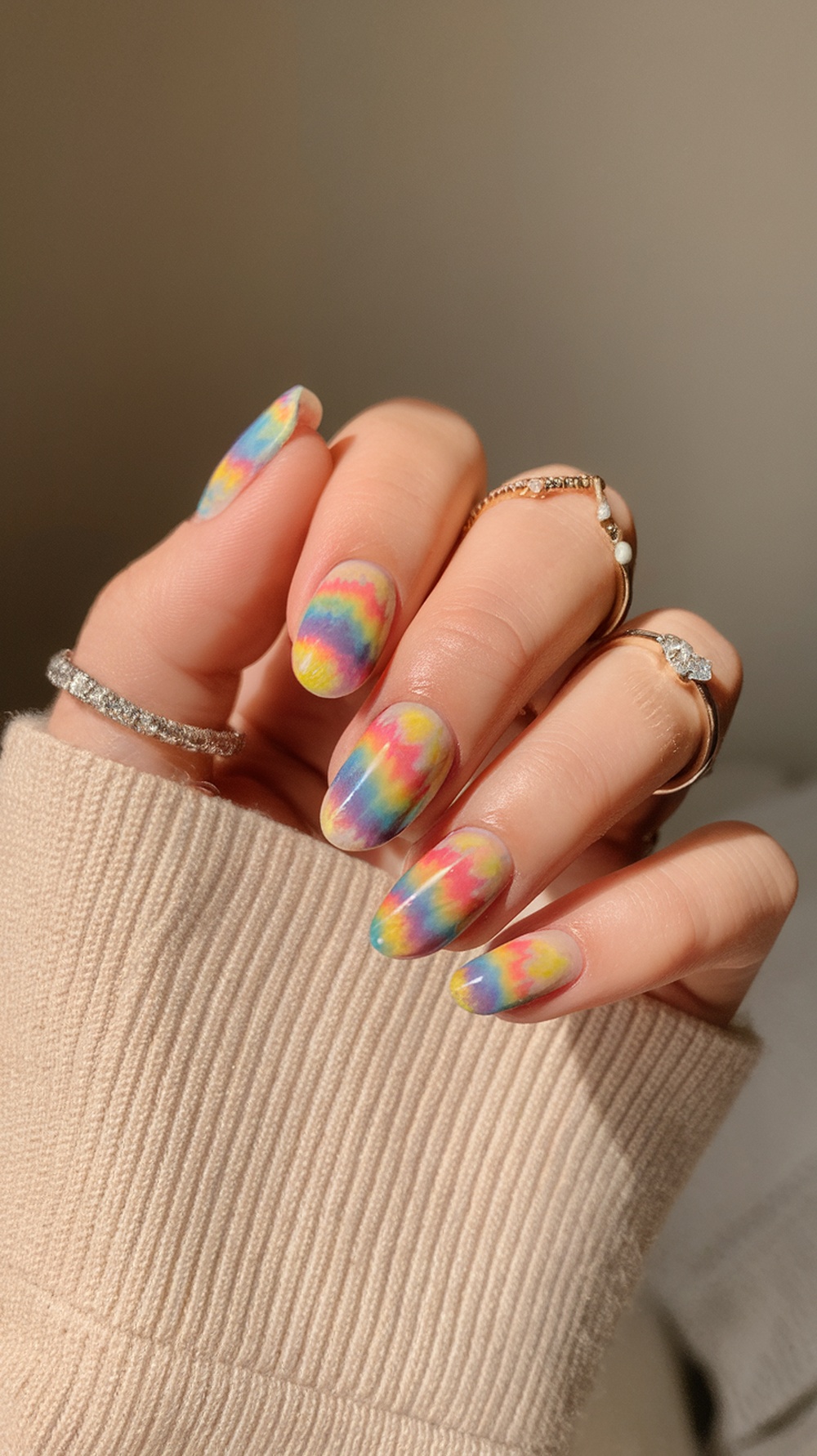 Colorful tie-dye effect on short nails with vibrant swirls of pink, yellow, and blue.