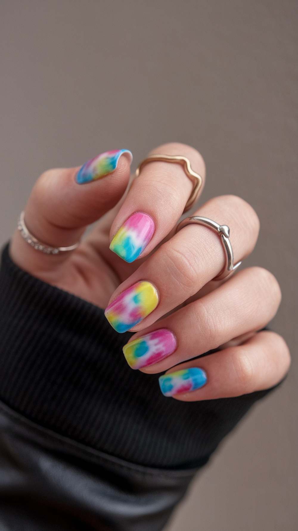 Colorful tie-dye nails featuring pink, blue, yellow, and green patterns.