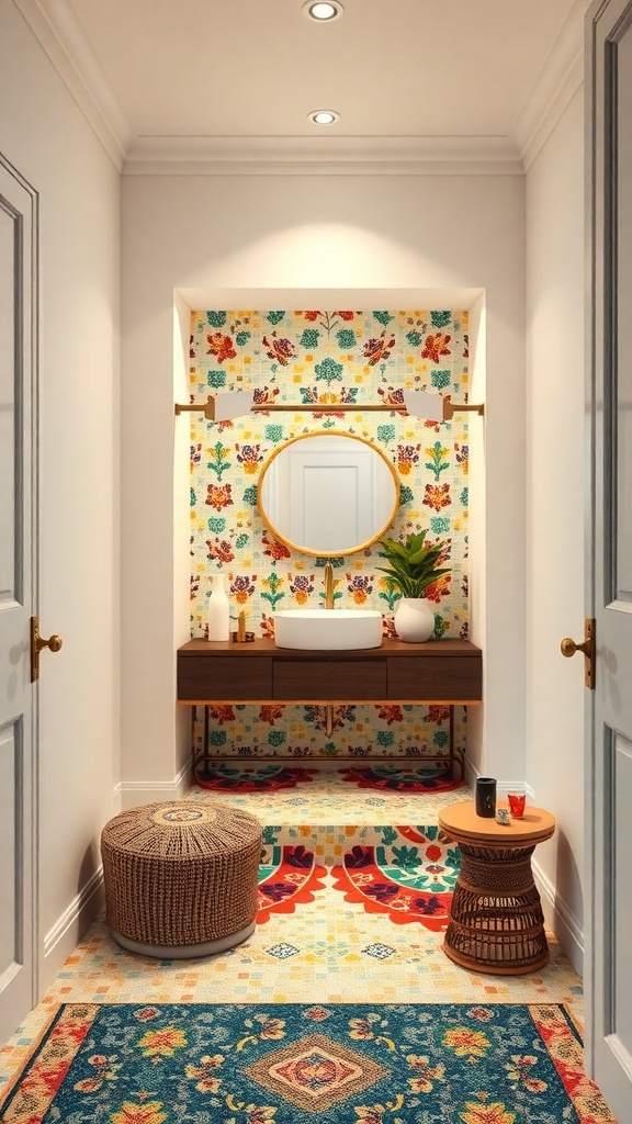 A bathroom niche featuring colorful floral tiles, a round mirror, and a wooden vanity with plants and decorative items.
