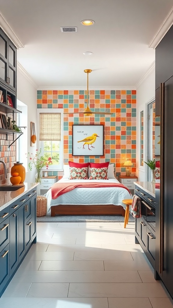 A kitchen pass-through featuring colorful tile accents with a cozy bedroom in the background.