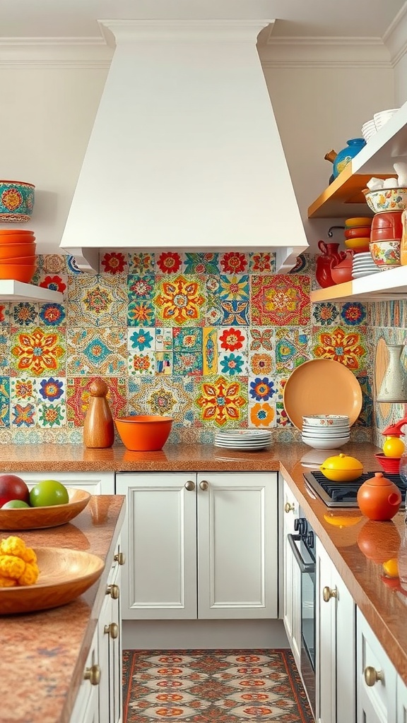 A kitchen featuring a colorful tile backsplash with vibrant patterns and a warm countertop.