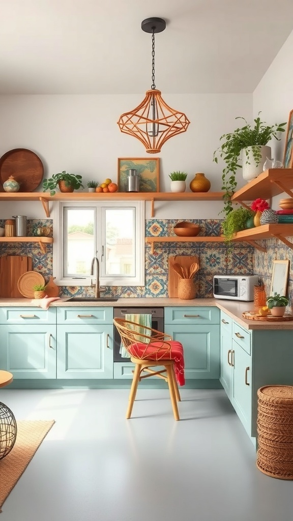 A bright boho kitchen featuring colorful tile backsplashes, light blue cabinets, and natural decor.