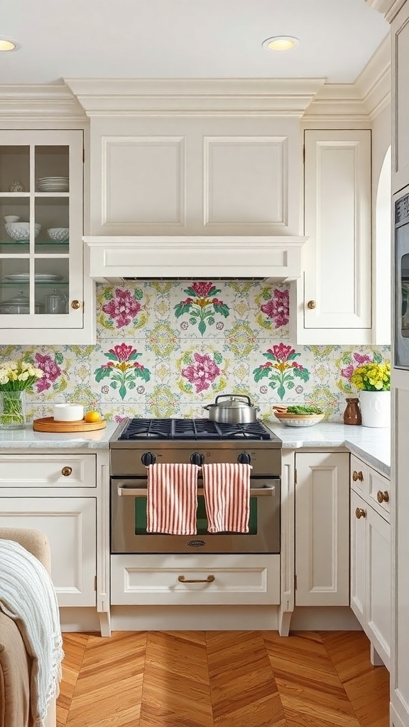Victorian kitchen with colorful floral tile backsplash and white cabinetry