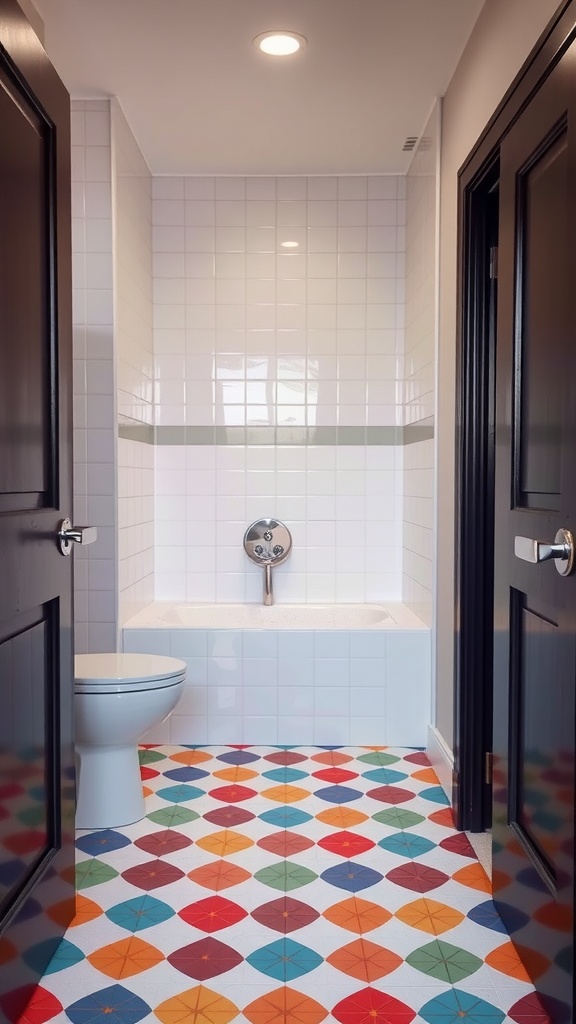 Small bathroom with colorful geometric tile flooring