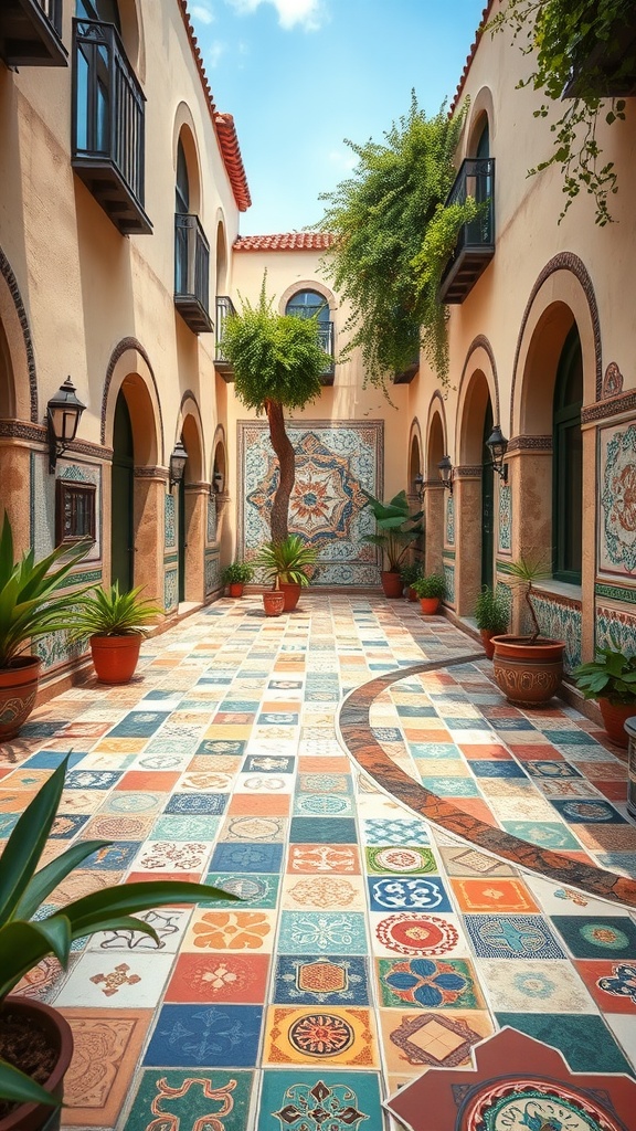 A Mediterranean courtyard with colorful tile patterns and mosaics, featuring lush greenery and arched architecture.