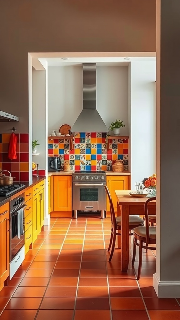 A kitchen with colorful tiled backsplash, orange cabinets, and a dining area visible through a pass through.