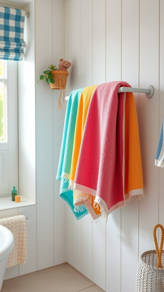 Vibrant towels hanging in a colorful kids bathroom