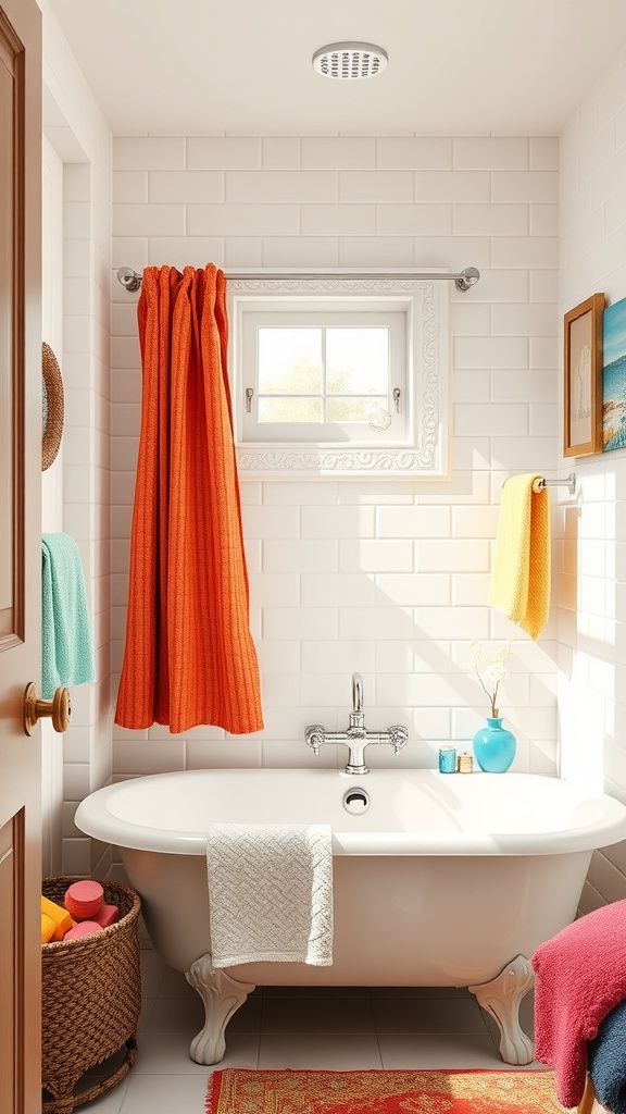 A bright and colorful bathroom with an orange shower curtain, turquoise and yellow towels, and a clawfoot tub.