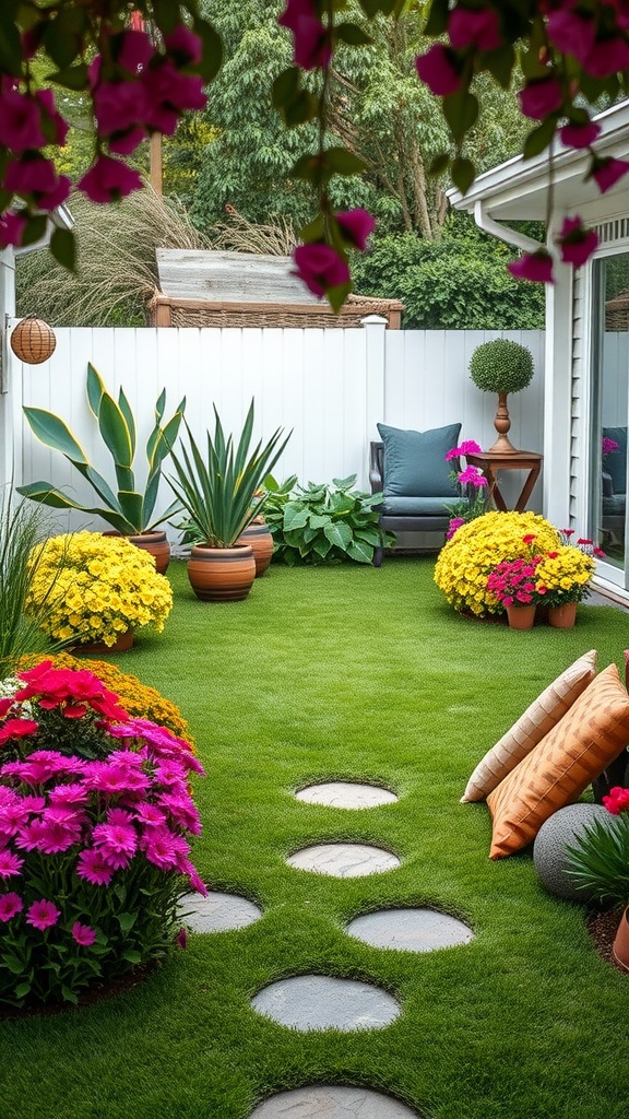 A vibrant backyard with colorful turf, flowers, and decorative elements.