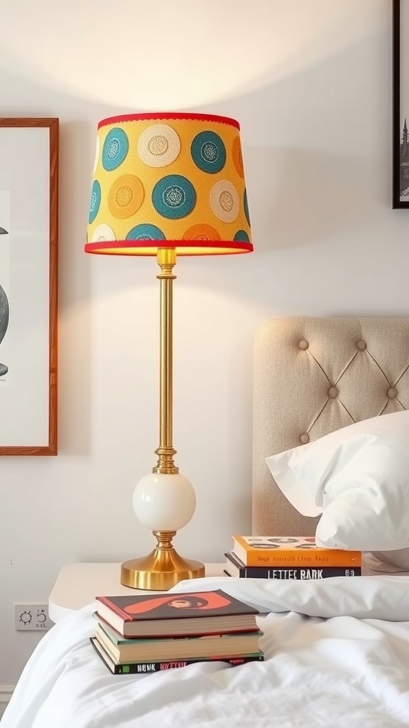 Colorful upcycled lamp with a patterned shade beside a stack of books on a bedside table.