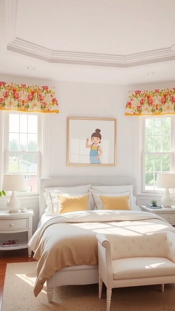 A bright bedroom featuring floral valances above the windows, a cozy bed with yellow pillows, and a light-colored chair.