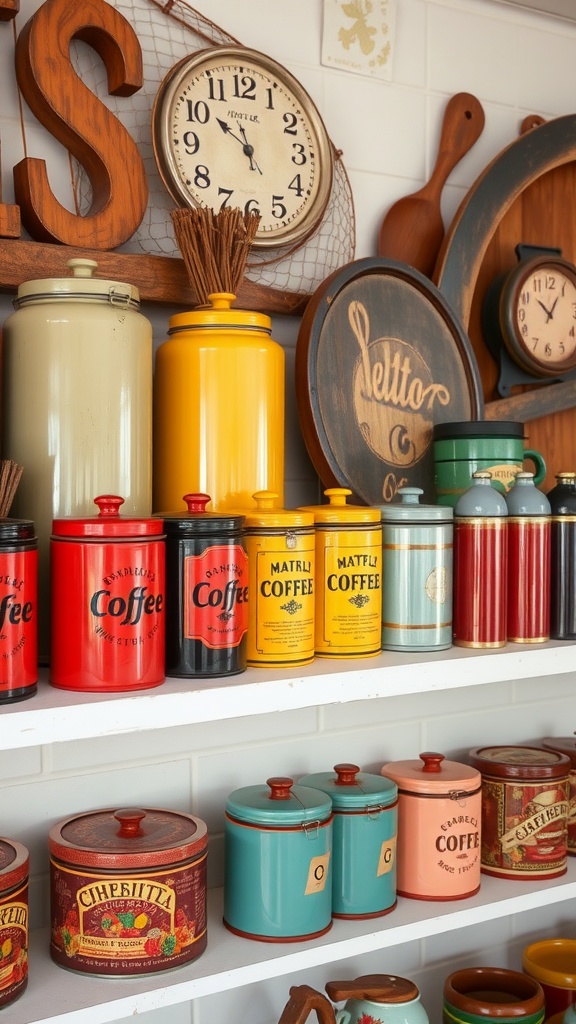 A colorful display of vintage coffee canisters on a shelf