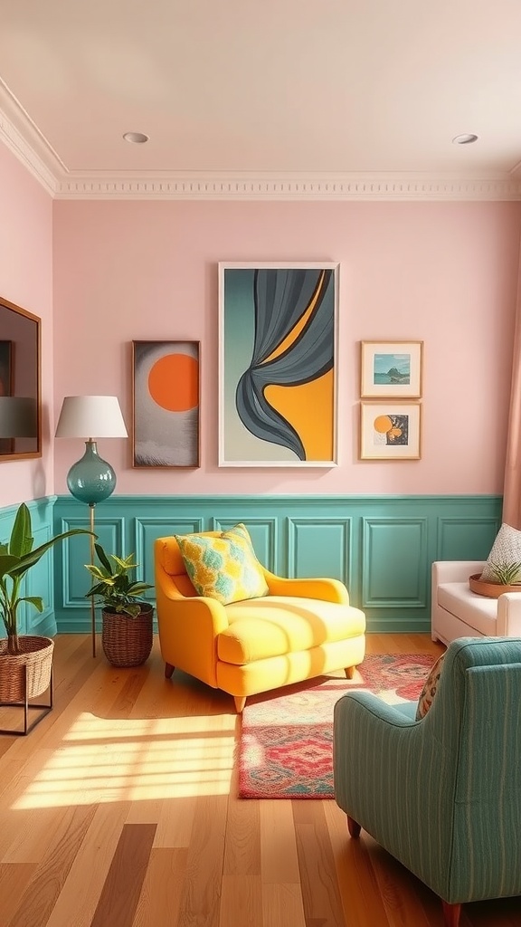 A colorful living room featuring teal wainscoting, a yellow armchair, and vibrant artwork