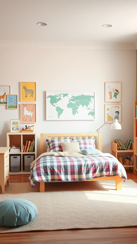 A cozy toddler bedroom with colorful wall art, including a world map and playful illustrations.