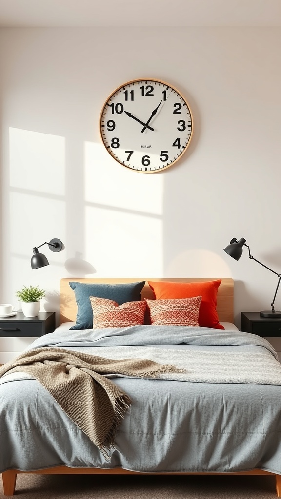 A colorful wall clock above a neatly made bed with decorative pillows and bedside lamps.