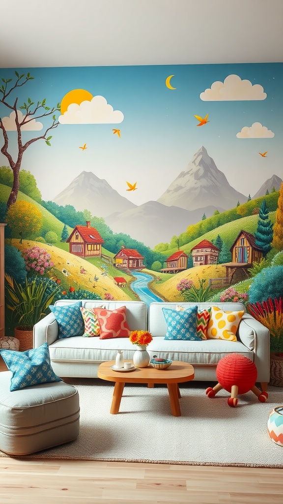 A cozy family room with a colorful wall mural depicting a countryside scene, featuring hills, houses, and a bright sky.