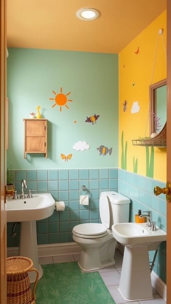 A colorful kids' bathroom with green and yellow walls, decorated with cheerful designs.