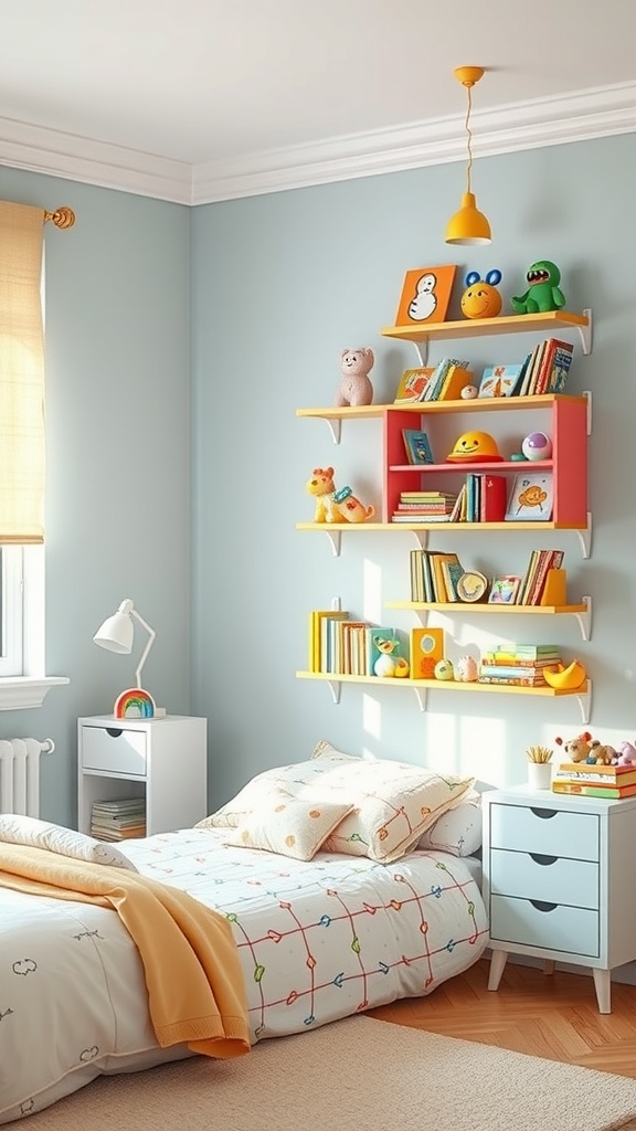 A bright and colorful kids' room featuring vibrant wall shelves filled with toys and books.
