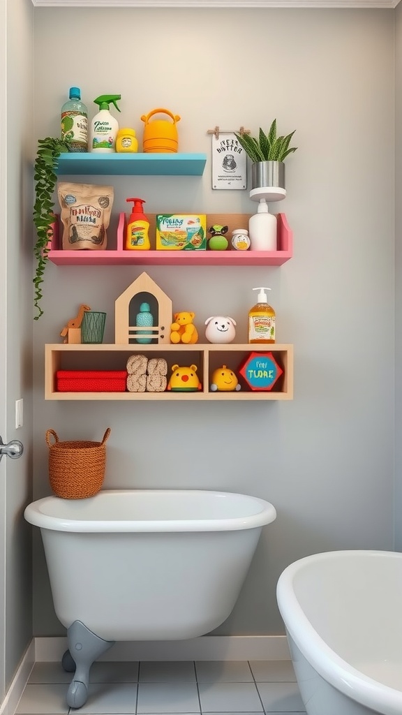 Colorful wall storage in a kids' bathroom with shelves holding bath essentials and toys