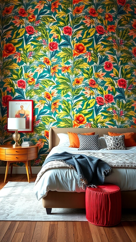 A bedroom featuring colorful floral wallpaper, a bed with vibrant pillows, a side table with a lamp, and a red stool.