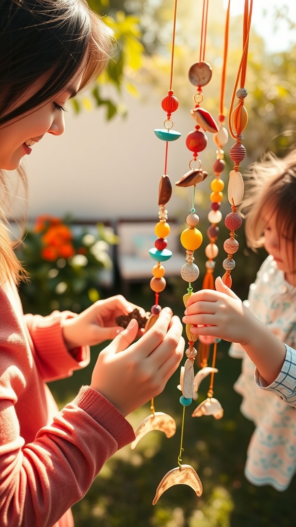 A child and an adult working together on colorful wind chimes outdoors.