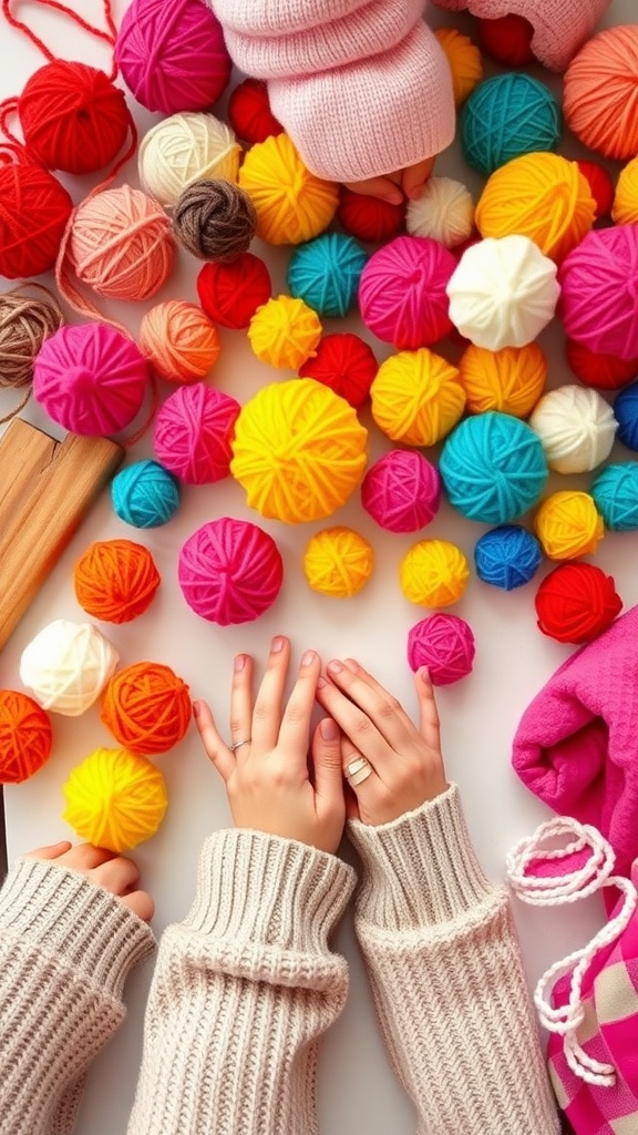 A colorful collection of yarn pom-poms with hands in a cozy setting.