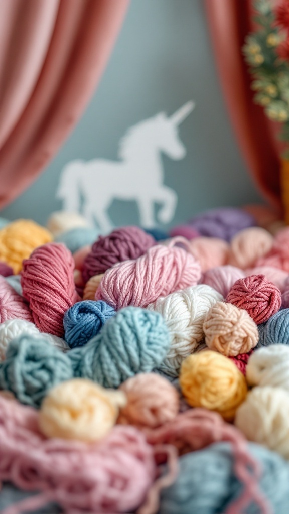 A colorful assortment of yarn in various shades with a unicorn silhouette in the background.