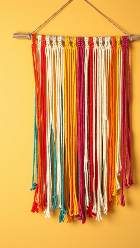 Colorful yarn wall hanging with various strands of yarn in shades of red, yellow, orange, pink, white, and teal hanging against a yellow wall.