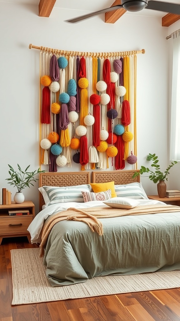 A colorful yarn wall hanging with various yarn strands and pom-poms, displayed above a bed in a cozy room.