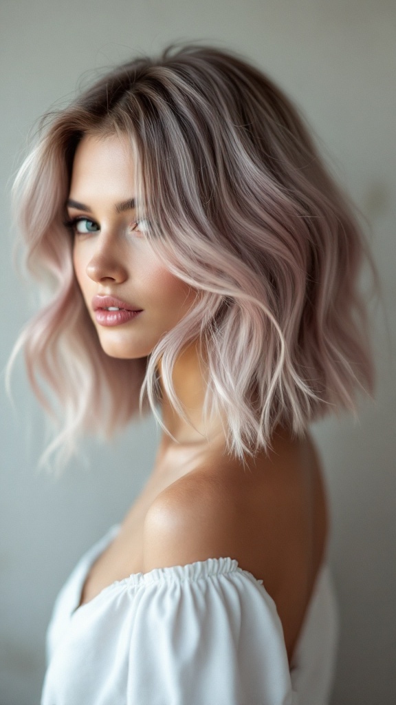 A woman with butterfly cut hair styled in soft waves, featuring a pastel pink color.
