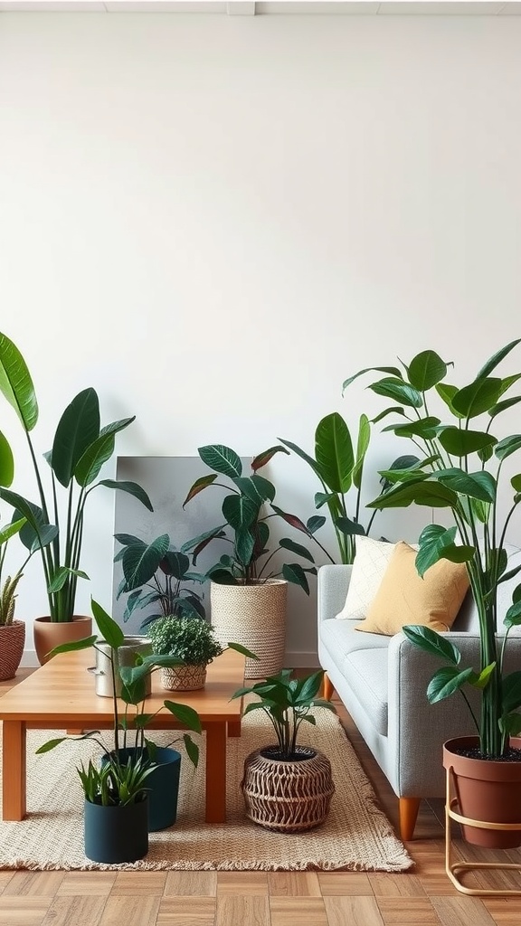 A stylish living room filled with various houseplants next to a gray sofa and wooden coffee table.