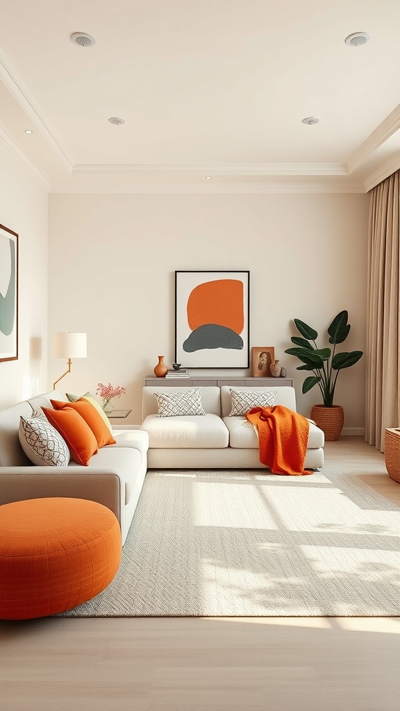 A stylish beige living room with bright orange accents and modern decor.