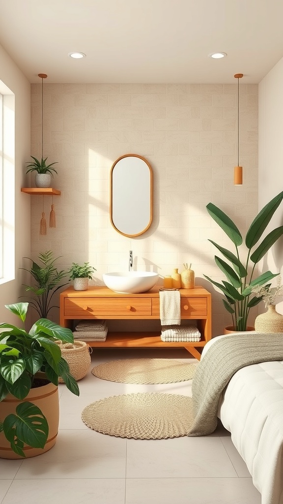 A beige bathroom featuring earthy greens with plants, wooden vanity, and woven textures.