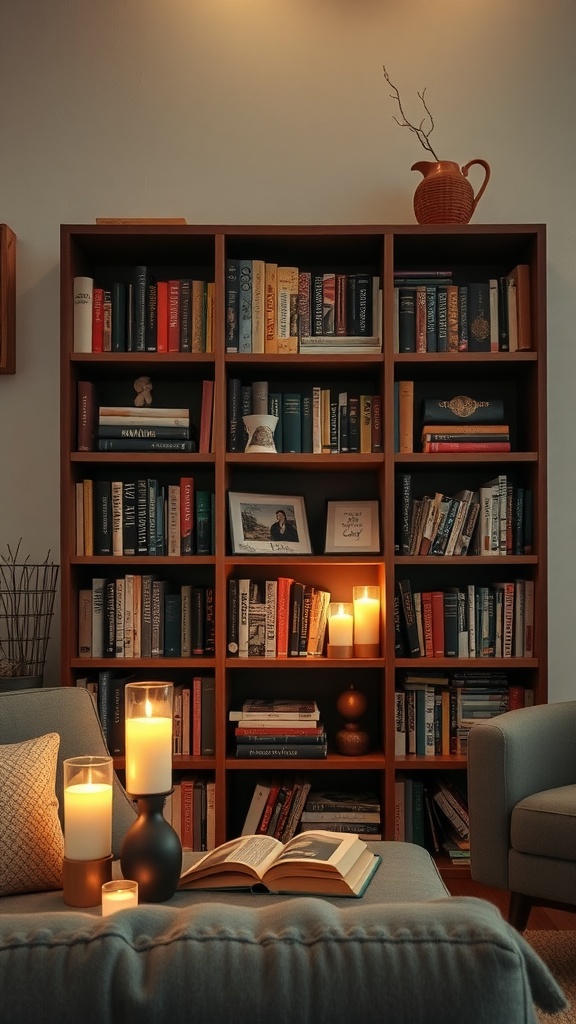 A cozy living room bookshelf with books and candles creating a warm atmosphere.