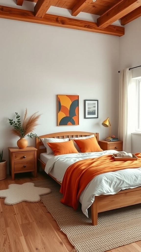 A cozy bedroom featuring burnt orange bedding, natural wood furniture, and warm decor elements.