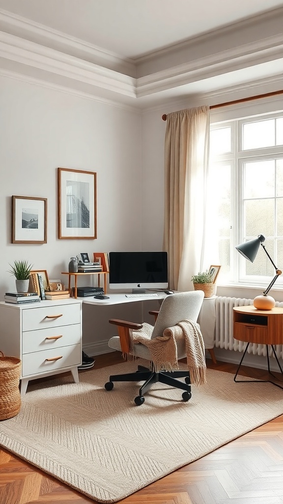 A cozy bedroom office combo featuring a stylish desk, comfortable chair, and natural light.
