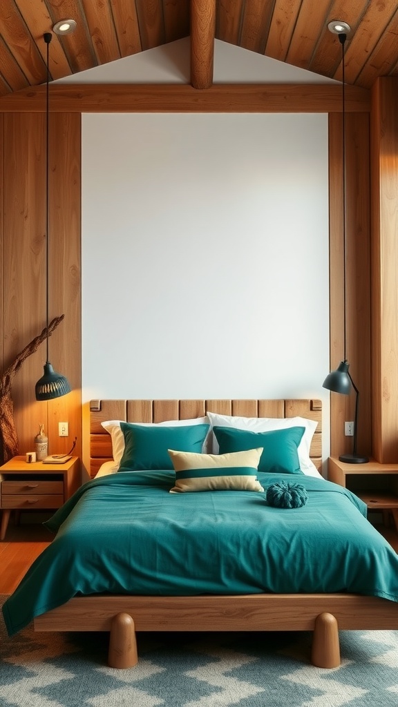 A bedroom featuring emerald green bedding paired with wooden elements for a warm and cozy look.