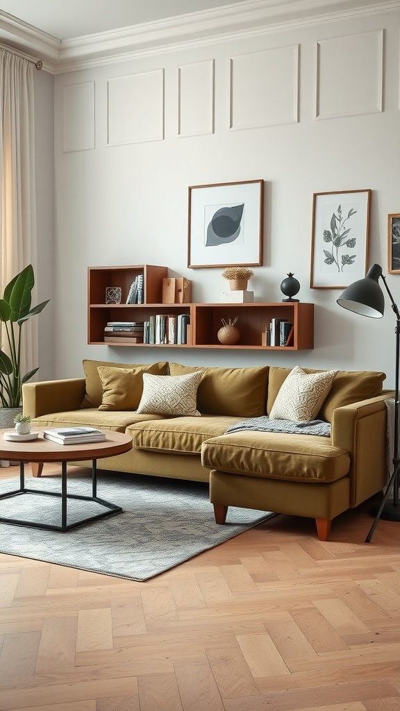 A cozy living room featuring an olive green couch, round coffee table, and decorative elements.