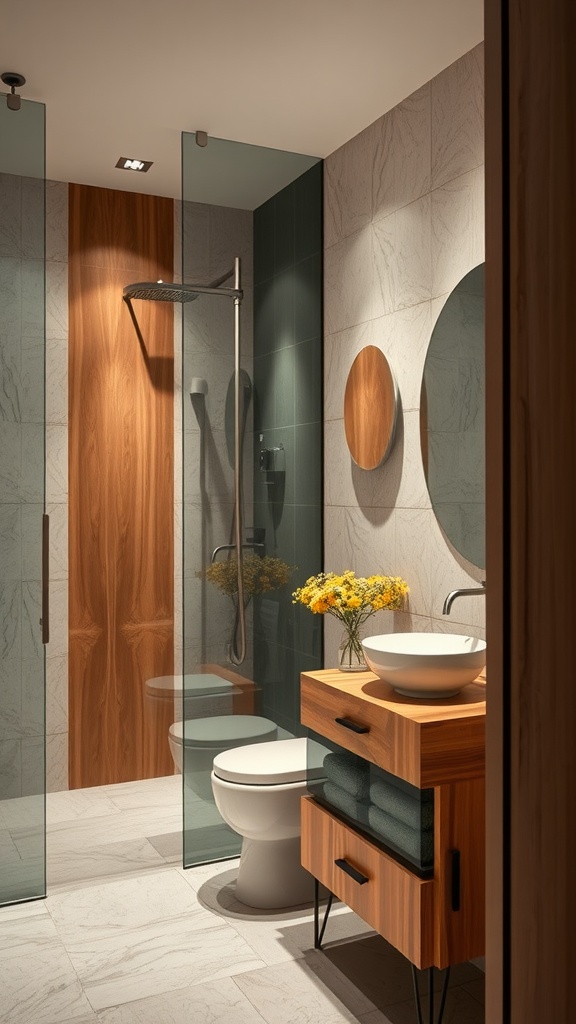 A modern rustic bathroom featuring glass shower enclosure and wooden elements.